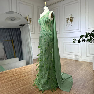 2025 Arabic Green One Shoulder Beaded Feathers Luxury Evening Gown with Side Cape Shawl for Women's Party