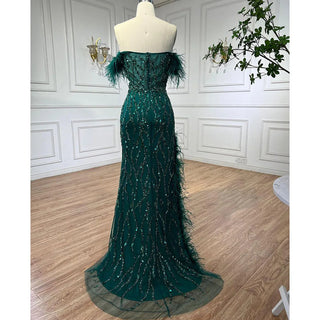 Green Mermaid High Split Evening Dress - Luxurious Beaded Feather Embellishments for Women's Wedding, Prom, or Party 2024