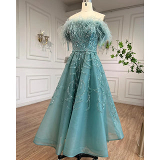 Ships in 1 to 3 Days - Arabic Lilac Dreams: 2024 A-Line Ankle-Length Evening Gown - Luxury Beaded Feather Dress for Women's Wedding Party