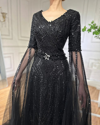 A-Line Beaded Arabic Evening Gown with Cape Sleeves – Ideal for Weddings & Special Occasions