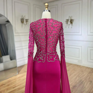 Ships in 1 to 3 Days - Arabic Fuchsia Mermaid Evening Dress with Cape Sleeves and Beaded Gloves Luxury Dubai Gowns for Women's Party 2024