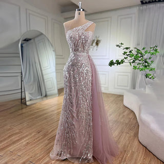 Ships in 1 to 3 Days - Pink Mermaid Overskirt Evening Dresses Gowns 2024 One Shoulder Beaded Elegant For Women Party