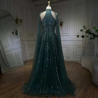 2024 Arabic Turquoise A-Line Cap Sleeve Beaded Luxury Dubai Evening Dress: Gowns for Women's Wedding Party