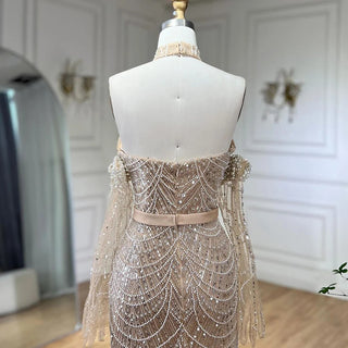 Luxurious Dubai Arabian Nude Mermaid Evening Dress with Gloves - Elegant Gown for Women's Wedding Parties 2024