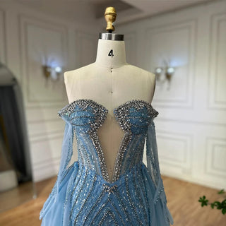 Blue Mermaid Evening Gown with Gloves and Detachable Overskirt – 2025 Custom Arabia Design