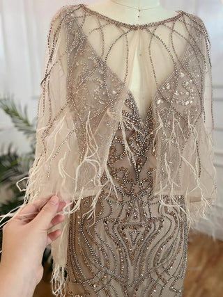 Caramel Mermaid Beaded Evening Gown 2024 with Feather Detail - Elegant Luxury for Women's Wedding Parties