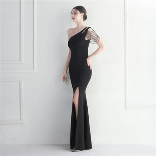 Black One-Shoulder Slash Neck Beaded Evening Dress - Sexy Slit Long Prom Party Maxi Dress