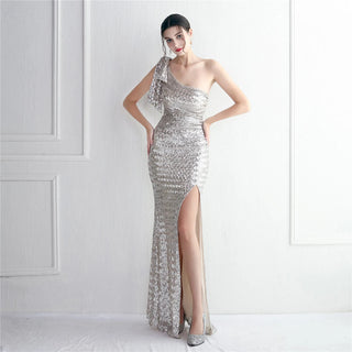 Sexy One-Shoulder Silver Sequin Evening Dress with Ruffles - Celebrity Maxi Party Dress with Slit for Women