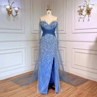 Stunning Dubai Blue Mermaid Evening Dress - Sexy High Split with Skirt Beaded Gown for Women's Wedding Party 2024