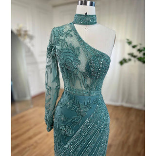 One-Shoulder Beaded Turquoise Mermaid Evening Dress for Women's Wedding Party