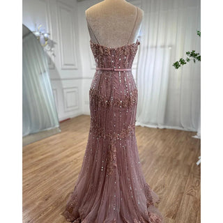 Pink Mermaid Sexy Spaghetti Straps Lace Beaded Evening Dress: Elegant Gown for Women's Wedding Party 2024