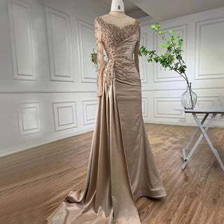 2024 Rose Gold Long Sleeve High Neck Mermaid Evening Gown with Side Skirt: Stain Elegance for Women's Party Glamour