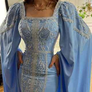 Blue Muslim Elegant Mermaid Evening Dress: Cape Sleeves, Arabic Beaded Gowns for Women's Wedding Party 2024