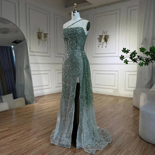 2024 Blue Mermaid Spaghetti Strap High Split Beaded Luxury Evening Dress: Gowns for Women's Wedding Party