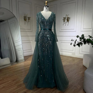 2024 Dubai Gray Long Sleeves Mermaid Beaded Arabic Luxury Evening Dress: Gowns for Women's Wedding Party