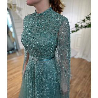 Turquoise Elegance: 2023 A-Line Cape Sleeves Muslim Luxury Beaded Evening Dress - Party Gown for Women