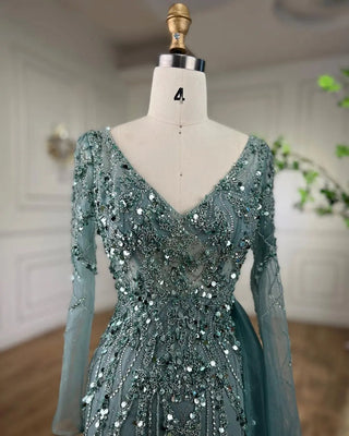 Ships in 1 to 3 Days - Turquoise High Split Mermaid Long Sleeves Evening Dress with Beading for Women Wedding Party