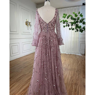 Ships in 1 to 3 Days - Muslim Gold Luxury A-Line Evening Dress 2024: Puff Sleeves, Beaded, for Woman Party