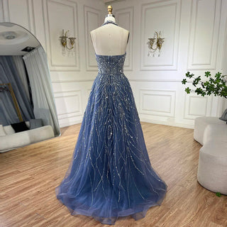 Ships in 1 to 3 Days - Elegant Blue Arabic A-Line Halter Gown Luxury Dubai Evening Dress for Women - Wedding Party 2024