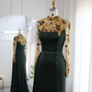 Opulent Olive: Luxury Dubai Mermaid Evening Dress with Long Sleeves for Elegant Weddings