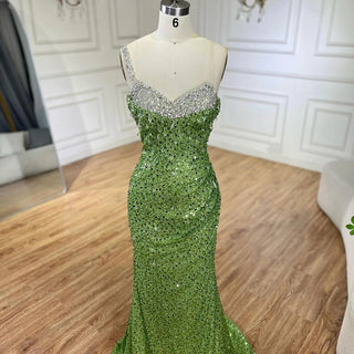 Luxury Sage Green One-Shoulder Beaded Crystal Mermaid Evening Gown - Dubai Style for Women Party 2024