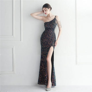 Sexy Slit Beaded Evening Dress - Slash Neck Sequin Party Maxi Prom Dress for Women