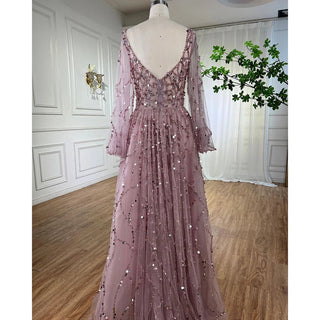 Muslim Gold Luxury A-Line Evening Dress 2024: Puff Sleeves, Beaded, for Woman Party