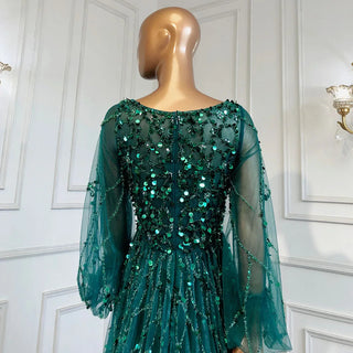 Muslim Green A-Line Luxury Evening Dress 2024: O-Neck, Puff Sleeves, Beaded, for Woman Party