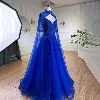 Arabic Blue Cape Sleeves A-Line Beaded Luxury Dubai Evening Dresses Wedding Party Gowns For Women 2024