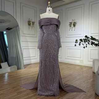 Lilac Arabic Evening Mermaid Dress with Beaded Tassel Elegance - Women's Party 2024