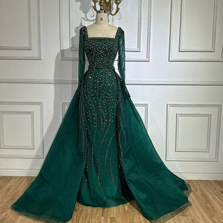 Luxurious Green Beaded Mermaid Evening Gown with Overskirt