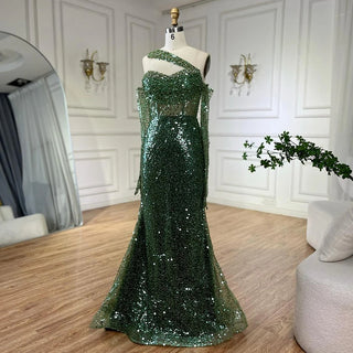 Ships in 1 to 3 Days - 2024 Arab Nude One Shoulder Mermaid Evening Dress: Elegant Luxury Gown with Beading for Women's Party