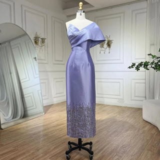 Lilac Satin Mermaid Evening Gown 2024: One-Shoulder Beaded Tea-Length for Women's Wedding Party