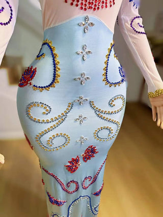 Colorful Embellished Long Sleeve Mermaid Dress