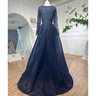 Ships in 1 to 3 Days - Muslim Royal Blue A-Line Sweetheart Beaded Evening Dress - Luxury Dubai Gown for Women Wedding Party