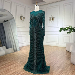 Luxury Crystal Pearls Dubai Nude Evening Dress - Long Sleeves Formal Prom Party Gown for Women's Wedding