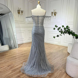 2024 Silver Nude Off-Shoulder Mermaid Elegant Beaded Tassel Evening Dresses Gown for Women Wedding Party