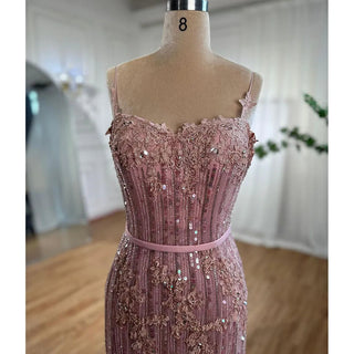 Ships in 1 to 3 Days - Pink Mermaid Sexy Spaghetti Straps Lace Beaded Evening Dress: Elegant Gown for Women's Wedding Party 2024