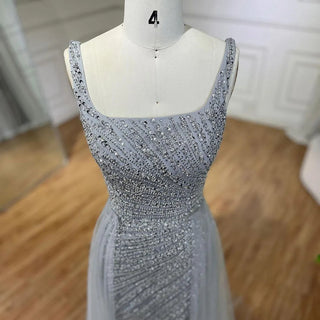 Silver Mermaid Evening Dress - Detachable Skirt, Beaded Luxury, Arabic Design for Women's Party 2024