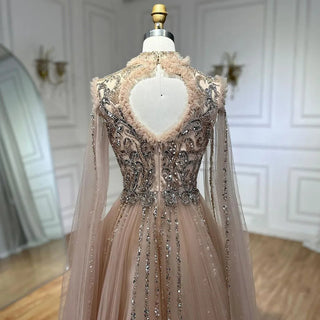 2024 Arabic Nude A-Line Elegant Evening Dress with Cape Sleeves - Beaded Luxury Gown for Women's Wedding Party