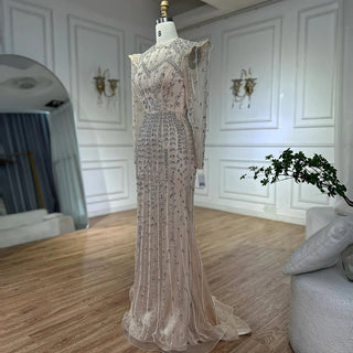 Ships in 2 to 5 Days - Luxury Nude Mermaid Evening Gown with Pearls and Beaded Embellishments – Custom Arabic Design