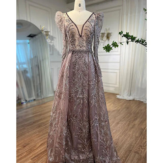 Dubai Dreams: Luxury Pink Overskirt Evening Dress with Long Sleeves, Ideal for Elegant Plus Size Women at Weddings and Formal Parties.