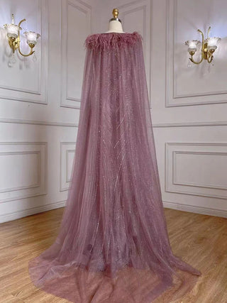 Pink Mermaid Evening Dress - Elegant Cape Sleeves with Luxury Feathers and Beading for Women's Party 2024