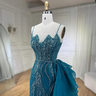 Ships in 1 to 3 Days - 2024 Sky Blue Spaghetti Strap Luxury Evening Dress: Mermaid Beaded Elegant Overskirt for Women's Party