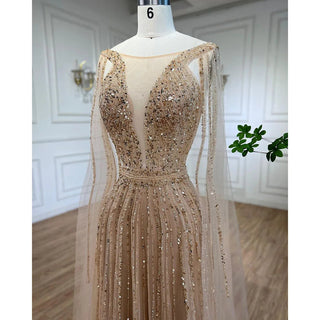 Ships in 1 to 3 Days - Elegant Arabic Gold A-Line Cape Sleeves Beaded Luxury Dubai Long Evening Dress - Wedding Party Gown for Women 2024