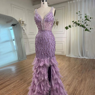 Ships in 1 to 3 Days - Pink Mermaid Evening Dress 2024 with Sexy High Split, V-Neck, Feather Beaded Luxury - Ideal for Women's Wedding Party