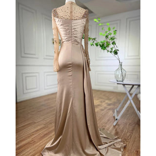 2024 Rose Gold Long Sleeve High Neck Mermaid Evening Gown with Side Skirt: Stain Elegance for Women's Party Glamour