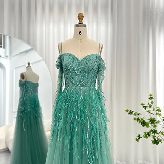 Luxury Dubai Sage Green Feathers Evening Dress for Women Elegant 2024 Lilac Burgundy Wedding Party Formal Gown