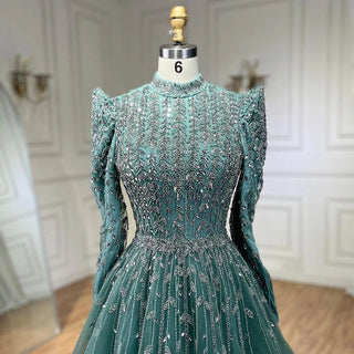 2024 Dubai Arabic Designer Luxury Sage Green A-Line Beaded Evening Dress: Perfect for Women's Wedding Party