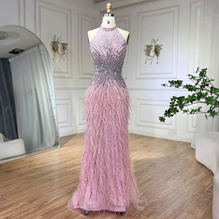 Ships in 1 to 3 Days - Dubai Halter Beige Feathers Beaded Formal Luxury Mermaid Evening Dress for Women Wedding Party 2024